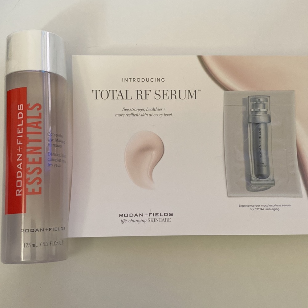 Still sealed Rodan and Fields make up remover with total RF serum sample